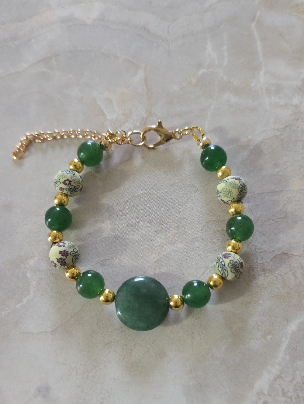 Green Jade and Floral Bead Gold Bracelet - Unbranded